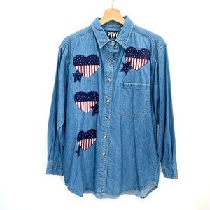 Vintage 90’s Americana Long Sleeve Chambray Button Up Top w/ USA Hearts Medium